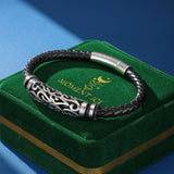 Bracelet Homme en Cuir Tressé avec Motif Tribal Argenté - Biloria