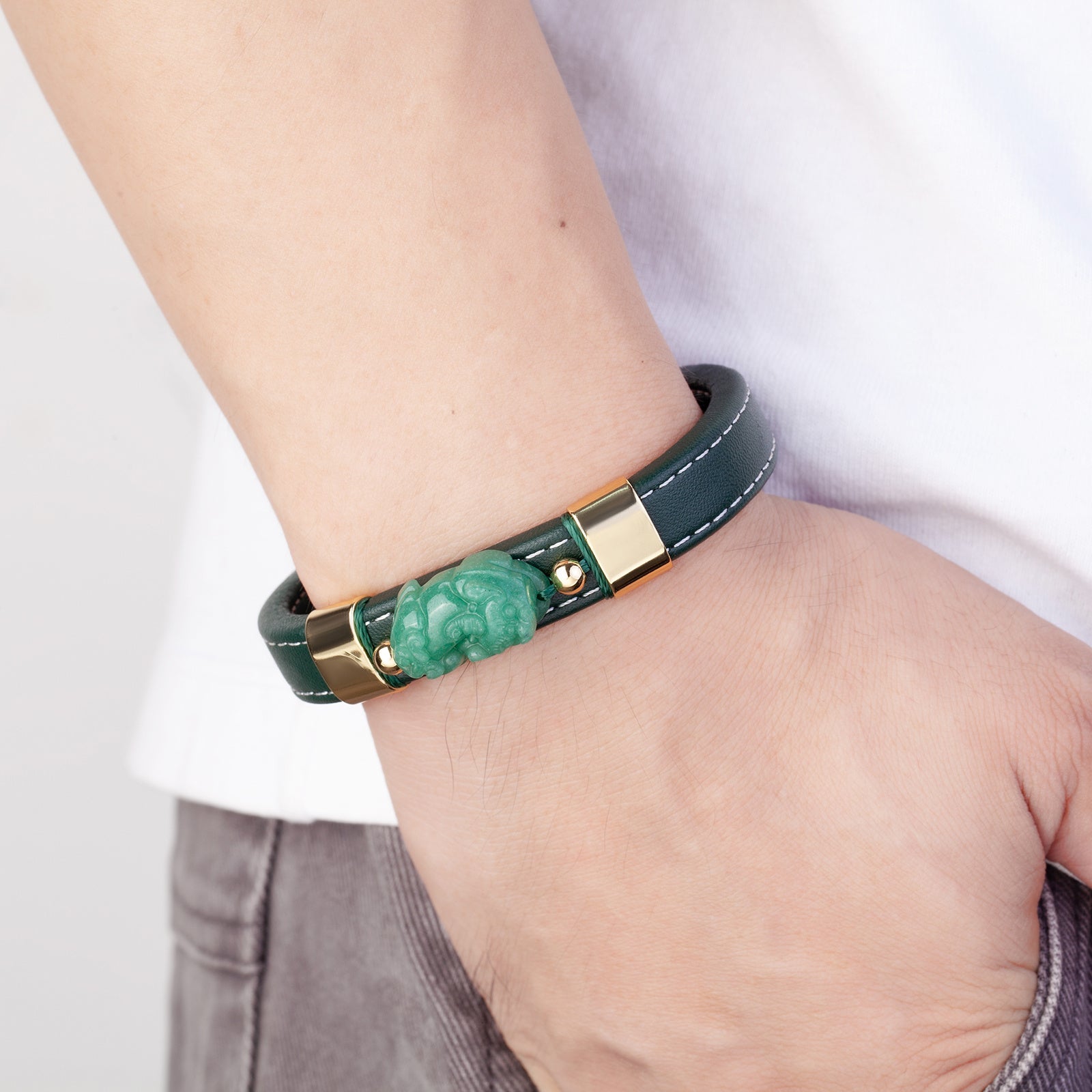 Bracelet Jade et Pi Xiu en Cuir et Acier Inoxydable - Biloria