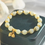 Bracelet Lotus Jade Ajustable Argent Plaqué Or Artisanal - Biloria