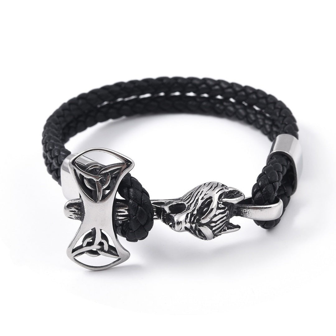 Bracelet Loup Cuir Noir Homme – Symbole Celtique - Biloria