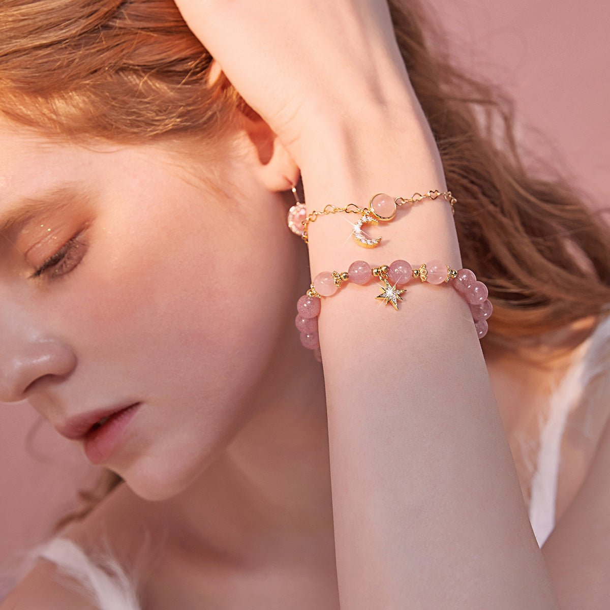 Bracelet Lune et Étoile Quartz Fraise Finesse – Bijou Feng Shui - Biloria