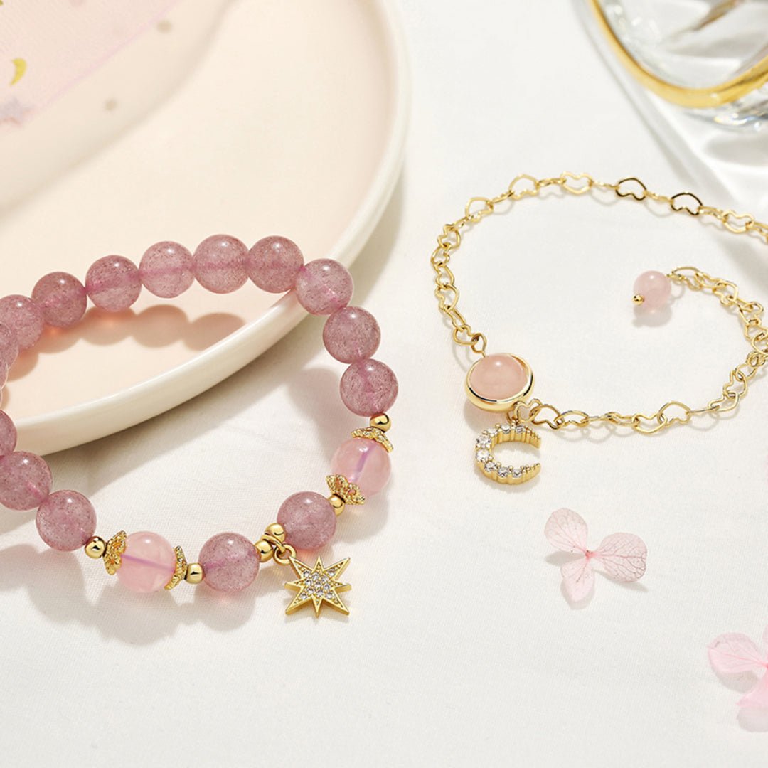 Bracelet Lune et Étoile Quartz Fraise Finesse – Bijou Feng Shui - Biloria