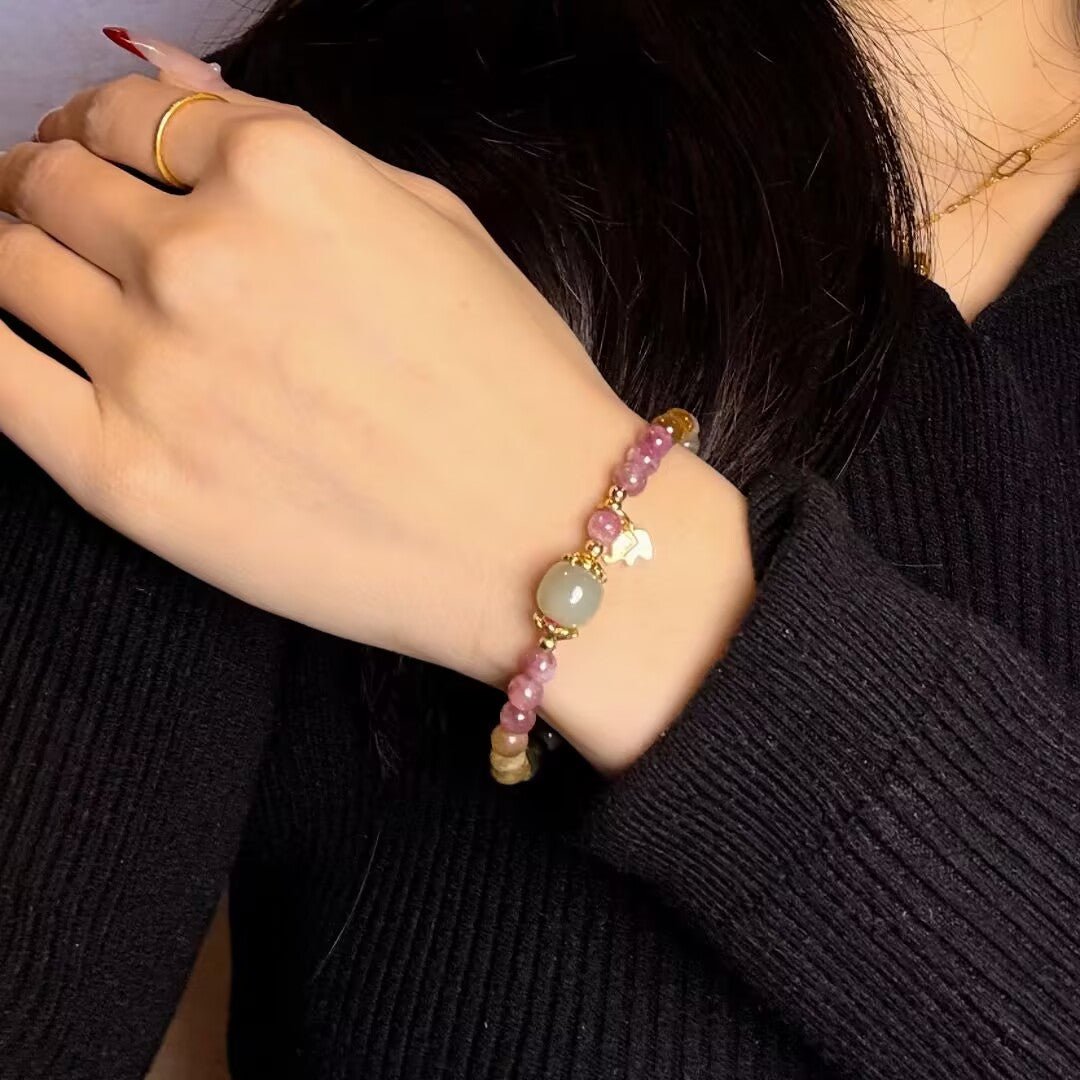 Bracelet Tourmaline Multicolore et Jade avec Éléphant Doré - Biloria