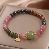 Bracelet Tourmaline Multicolore et Jade avec Éléphant Doré - Biloria
