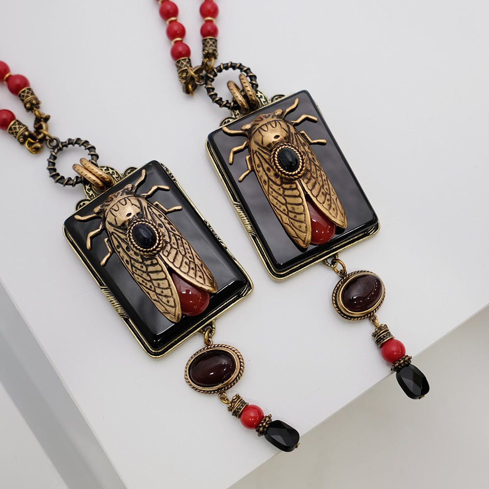 Collier Agate Noir Cigale Laiton Bambou de Mer Vintage - Biloria