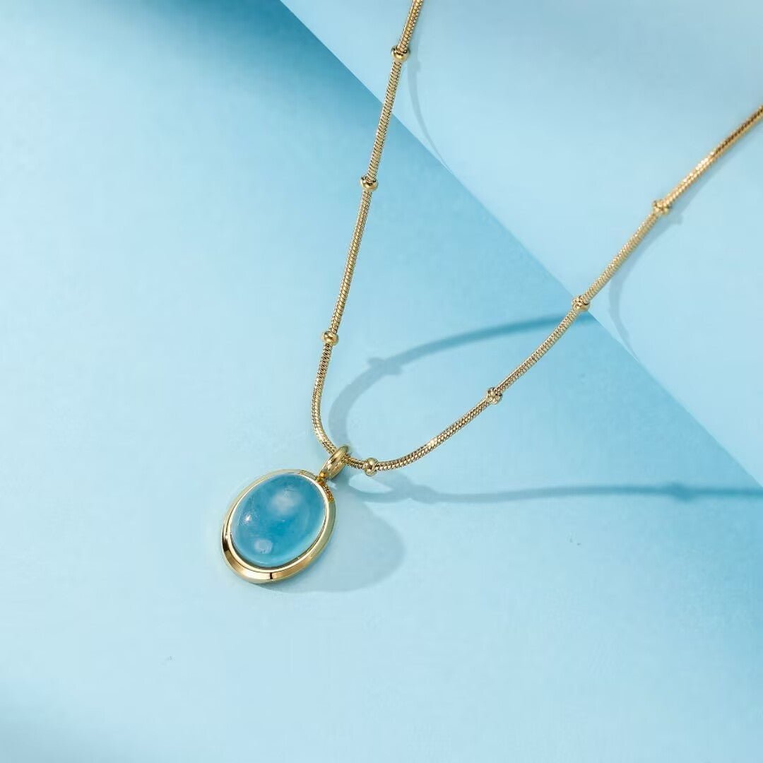Collier Aigue Marine Acier Titane Plaqué Or 18K - Biloria