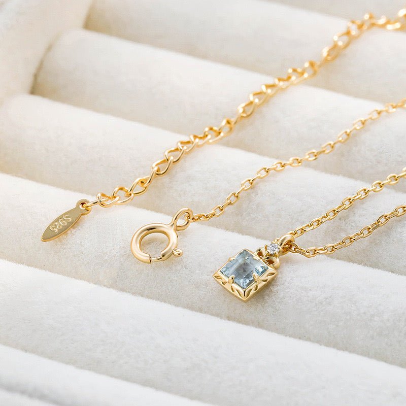 Collier Aigue Marine et Zircon en Argent Plaqué Or – Taille Réglable - Biloria