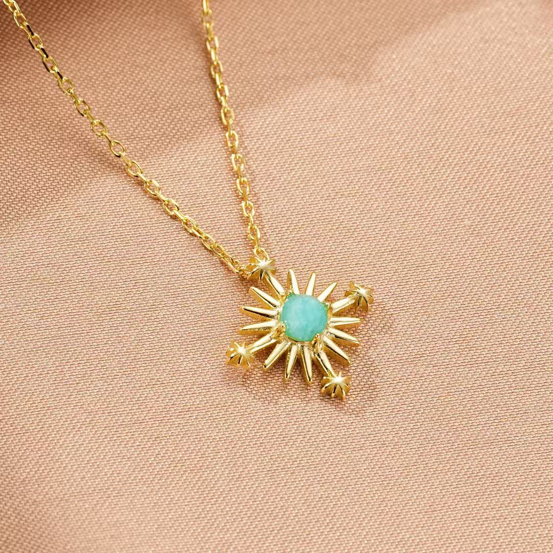 Collier Amazonite Croix Étoilée Argent Plaqué Or - Biloria