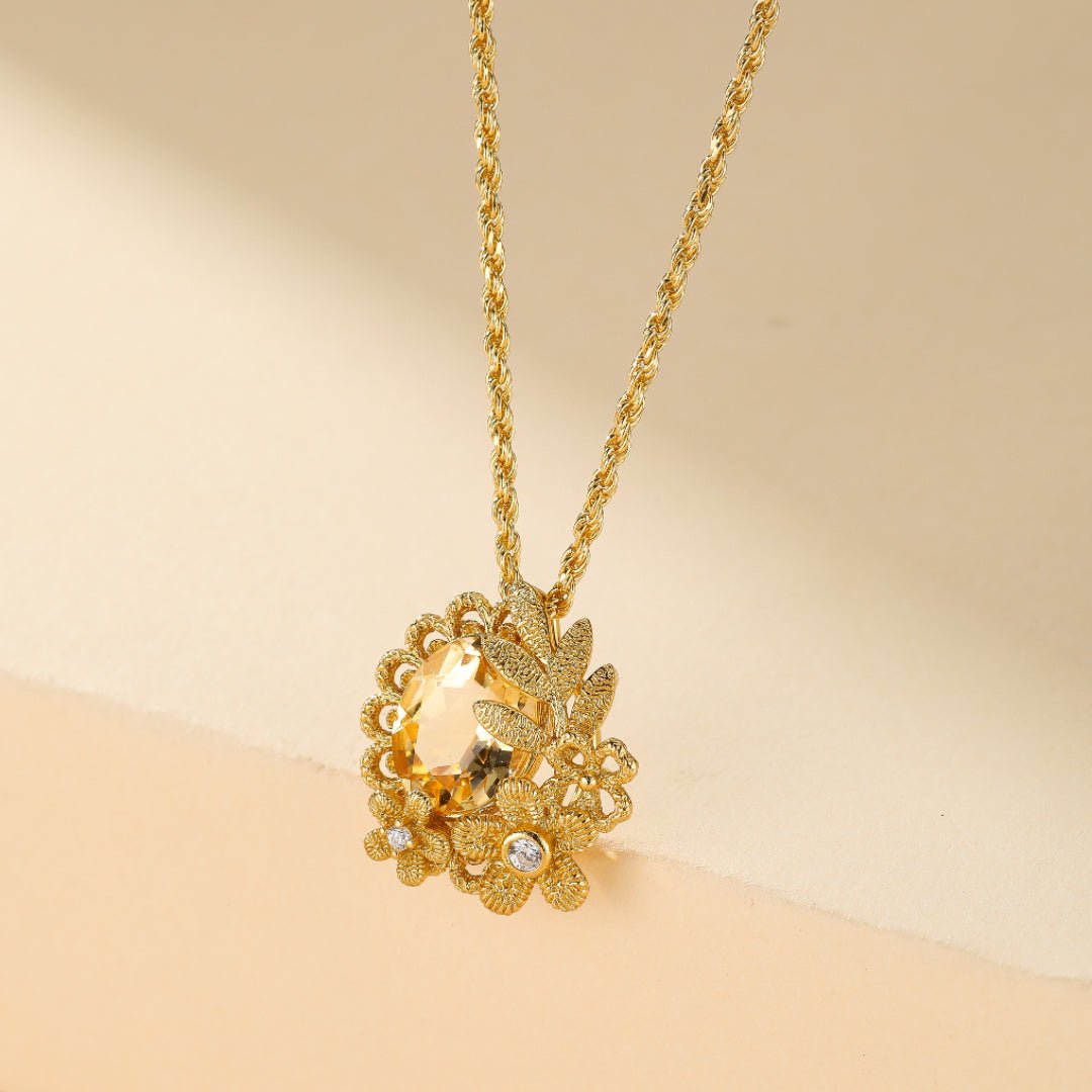 Collier Citrine Couronne Fleurie Argent Plaqué Or Bijou Femme - Biloria