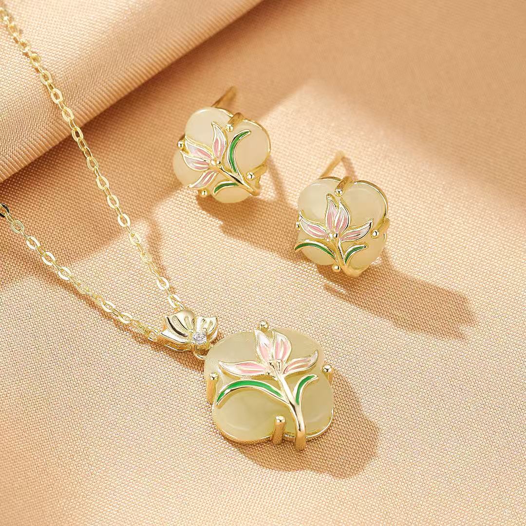 Collier Jade et Fleur Émaillée – Argent Plaqué Or, Lithothérapie - Biloria