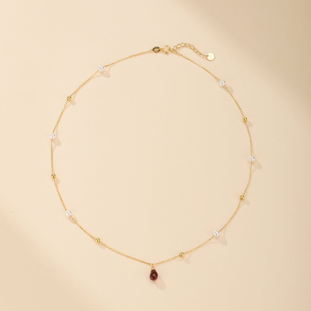 Collier Perles Grenat Argent Plaqué Or 14K - Cadeau Passion - Biloria