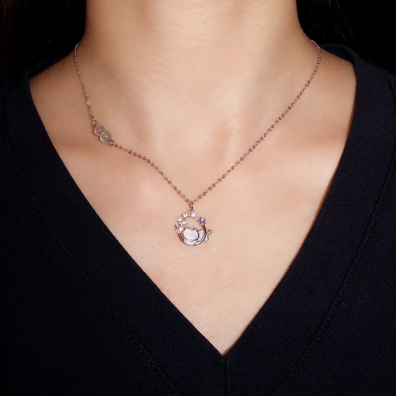 Collier Pierre de Lune Argent S925 avec Chat et Lune - Biloria