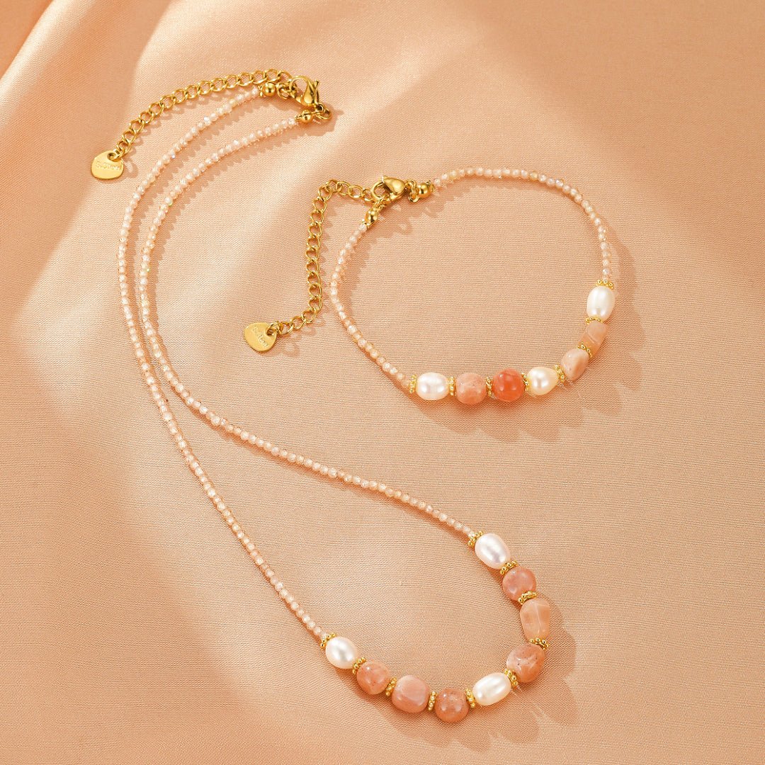 Collier Pierre de Soleil et Perle Naturelle – Bijou Lithothérapie - Biloria
