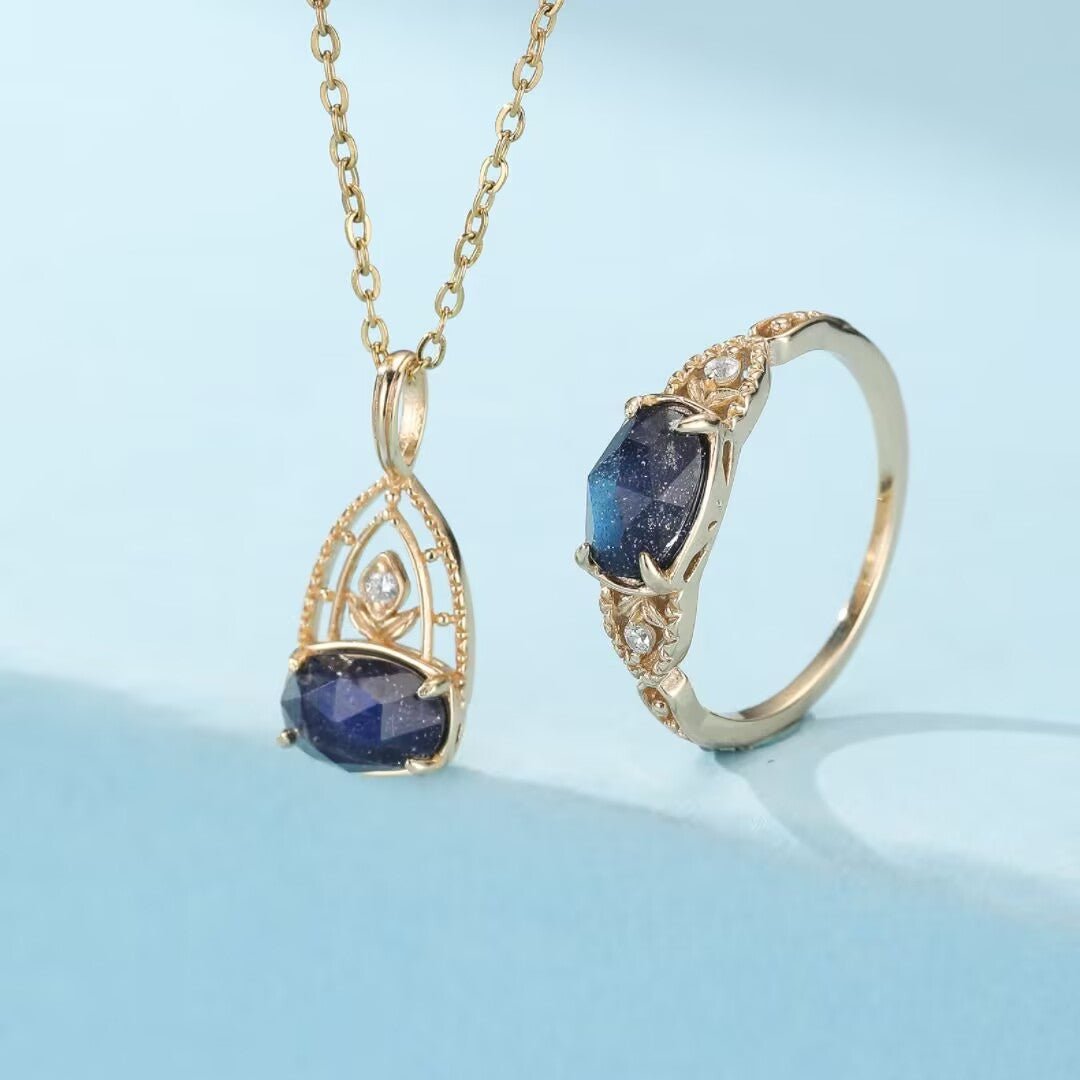 Collier pierres naturelles Labradorite Lapis Lazuli Argent plaqué Or - Biloria