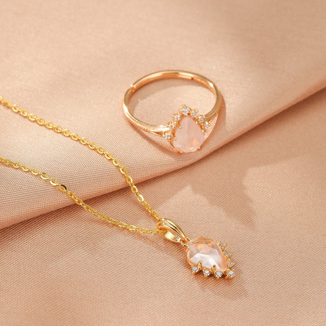 Collier Quartz Rose Goutte Étoilée avec Zircons Argent Plaqué Or 9K - Biloria