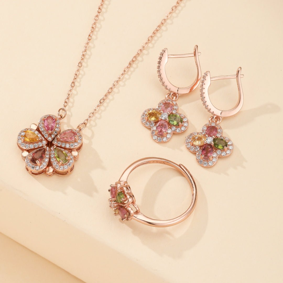 Collier Trèfle Tourmaline Zircon Argent Plaqué Or - Biloria