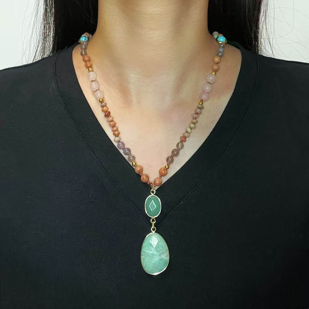 Sautoir Bohème Amazonite et Quartz Rose – Bijou Long Tendance - Biloria