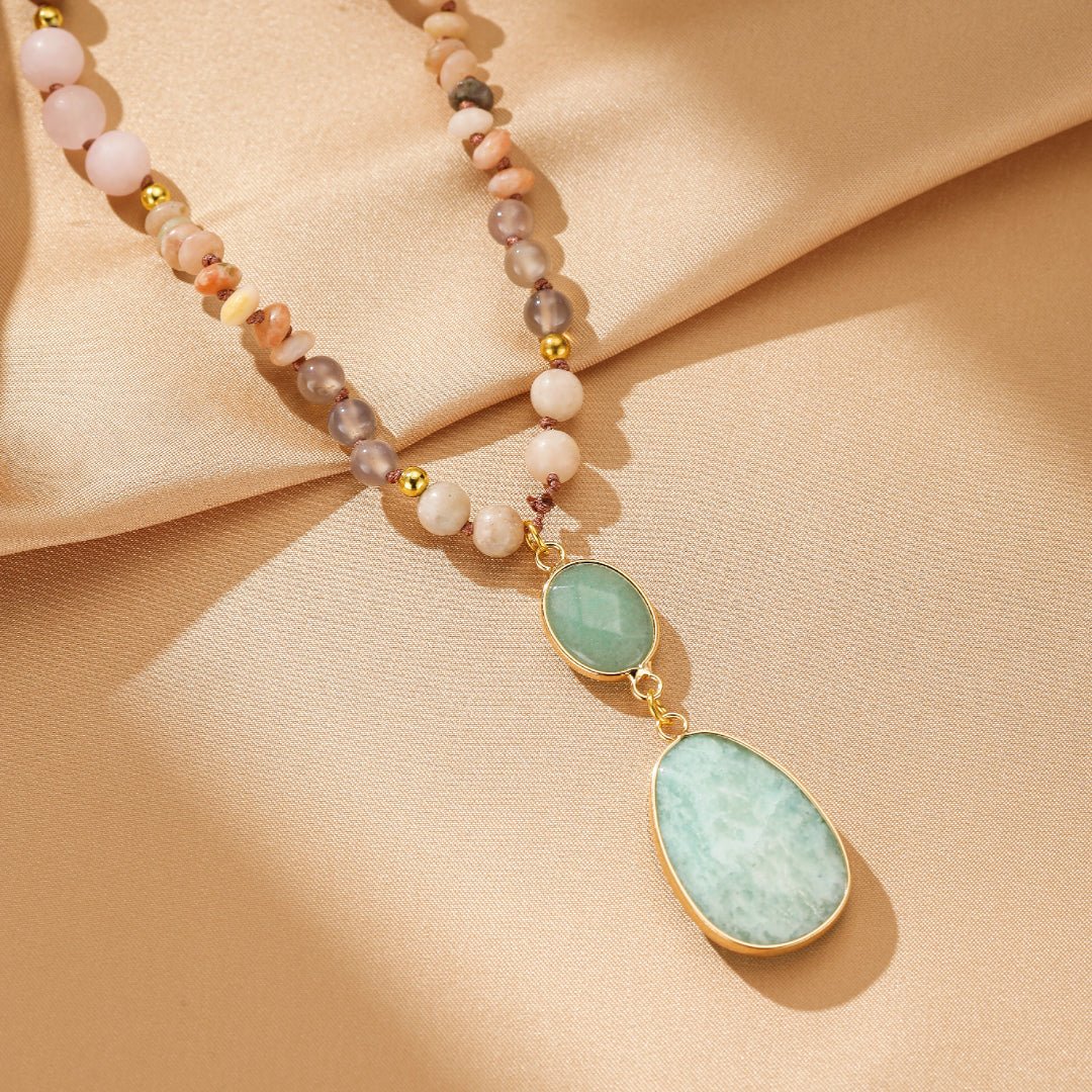 Sautoir Bohème Amazonite et Quartz Rose – Bijou Long Tendance - Biloria